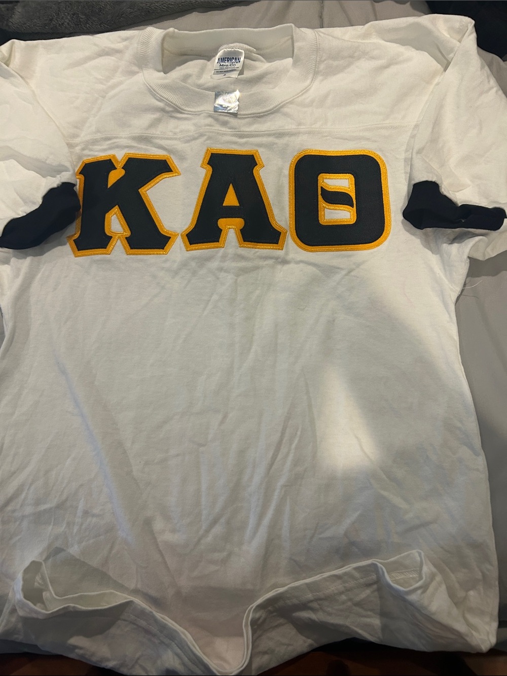 White Kappa Alpha Theta Appliqué Tee with Black & Gold Trim